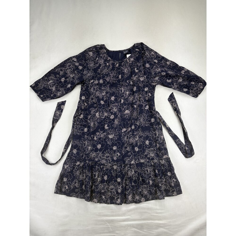 Gap Floral Midi Dress Size S Ruffle Hem Tie Waist Navy - Picture 2 of 12